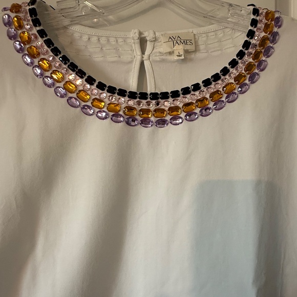 Ava James Beaded Round Neck White Short Sleeve Shirt, NWT, Sz: Large - Picture 2 of 5